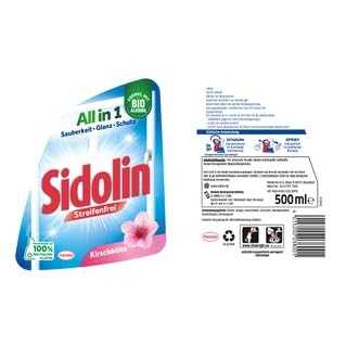 Sidolin Streifenfrei All in 1 Kirschblüte (10 × 500 ml), Glasreiniger für langanhaltenden, streifenfreien Glanz & Schutz, Fensterreiniger mit floralem Duft & Bio-Alkohol, aus 100% recyceltem Plastik