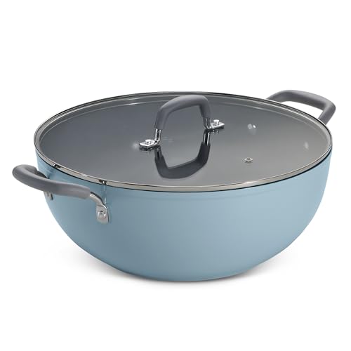 Image of Tramontina Velo 32cm / 8.0 L Forged with Ceramic Reinforced Interior Kadai | Tempered GlassLid | Kadhai for Curry, Deep-Fry, Stir-Fry | Silicone Grip Handles | Gas /Induction | Sea Blue