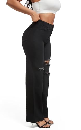 Aodrusa Ripped Wide Leg Jeans for Women Mom Baggy Straight Leg Stretchy Boyfriend Trendy Trouser Denim Pants2