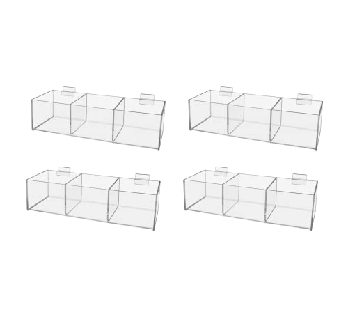 Marketing Holders 4 Pack Slatwall Acrylic Retail Tray 3 Compartment Product Merchandise Storage Organizing Basket for Homes and Retail Shops