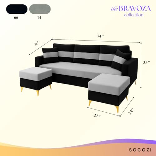 Image of SOCOZI Bastian 5 Seater L Shape Sofa Set with 2 Movable Ottomans | Flexible Layout | Soft Velvet Suede Fabric|Modern Sofa | Plush Comfort Cushions for Living Room (Black and Light Grey) | Breathable Material