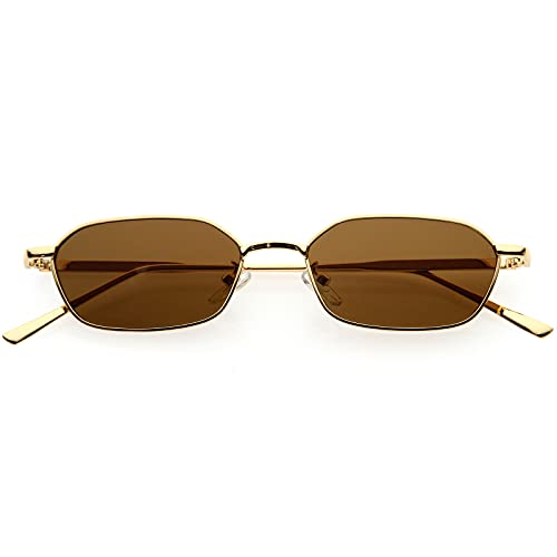 zeroUV - Small 90s Indie Geometric Metal Oval Sunglasses D254 (Gold/Brown)