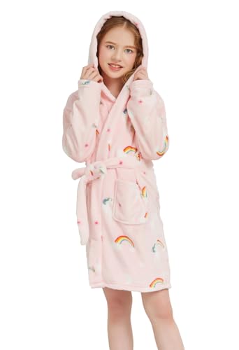 Tunoluker 20230612-6 Kids Boys Girls Flannel Hooded Bathrobe Toddler Robe Pajamas Sleepwear Pink Rainbow 4-5T thumb #2