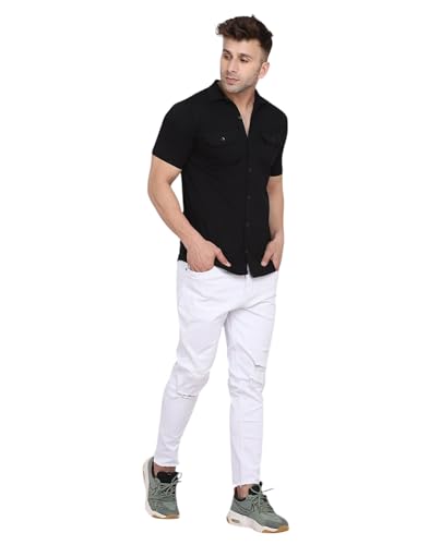 Image of Men's Half Sleeve Shirt - Spread Collar Casual Shirt with Double Flap Pockets - Slim Fit Cotton Blend Button-Down