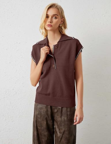 MISSACTIVER Women Casual Button Down Lapel Collar Sweater Vest Sleeveless Knit Loose Fit Stripe Trim Pullover Tank Tops2