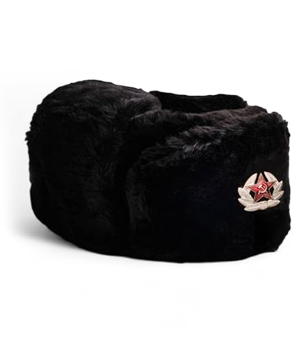 Mens Black Russian Trapper Winter Warm Hat Cap with Soviet Badge Unisex Faux Fur Ushanka Flaps Hat