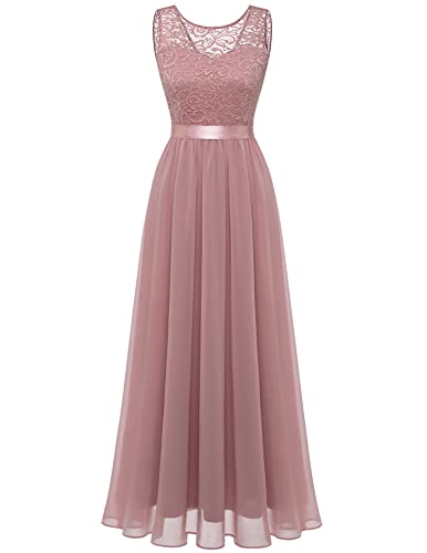 Berylove Damen Abendkleid Elegant Cocktailkleid Lang Brautjunferkleid Chiffon Spitzen Kleid Hochzeit Party BLP7025 Blush S