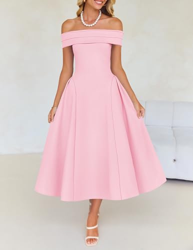 Image of ZESICA Summer 2026 Cocktail Dresses for Women's Off Shoulder Short Sleeve Swing A Line Wedding Evening Party Midi Dress