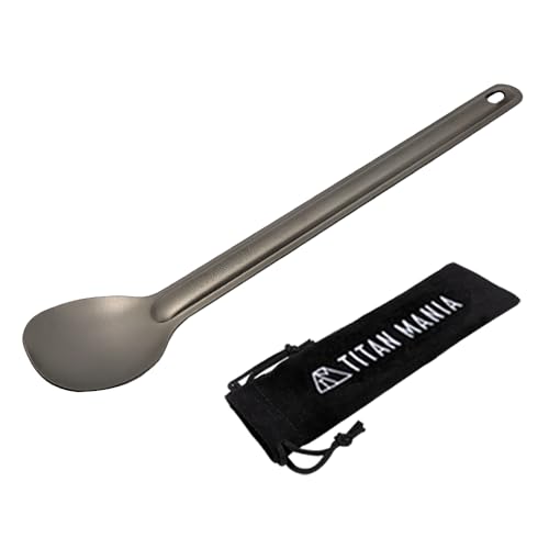 TITAN MANIA(チタンマニア) スプーン チタン製 軽量 頑丈 カトラリー ロング 長い柄 持ち運び 直火 調理器具 キャンプ ソロキャンプ アウトドア用品 キャンプ用品 収納袋付き