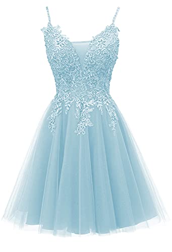 Image of JAEDEN Prom Dress Short 2026 - Lace Homecoming Dresses DAMA Dress for Quinceanera for Teens Tulle Ice Blue US2