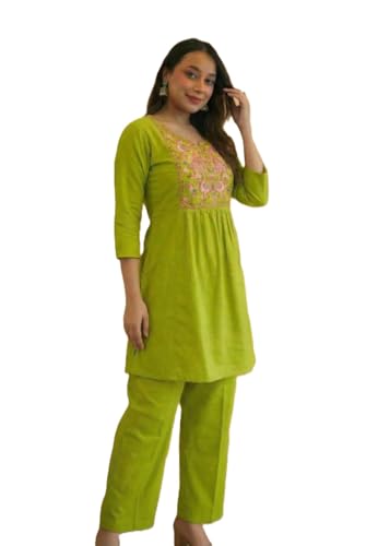 Image of Women's Rayon Embroidered Kurti with Pant Set | Floral Yoke Design | 3 /4 Sleeve Ethnic Co-Ord Set | Regular Fit Traditional Outfit