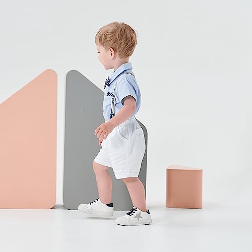 Image of Volunboy Baby Boy Formal Short Set Toddler Summer Gentleman Outfit Kid Short Sleeve Bowtie Shirt Suspender Shorts Suit