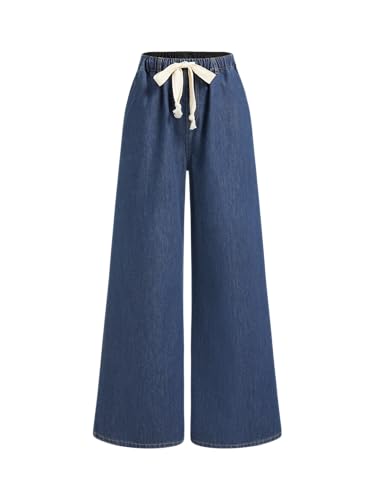 Image of CIDER Drawstring Baggy Wide Leg Jeans for Women High Waisted Pull On Jeans Denim Pants with Pockets