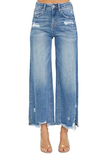SALT TREE Risen Jeans - High Rise Side Slit with Frayed Hem Wide Jeans - RDP5590, 28, Mediumblue