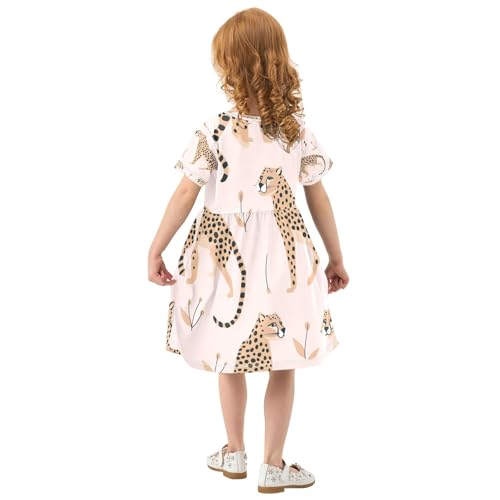 Bolaz Cheetah Leopard Girls Dress Short Sleeve Dress Casual Dresses 2-8Y3