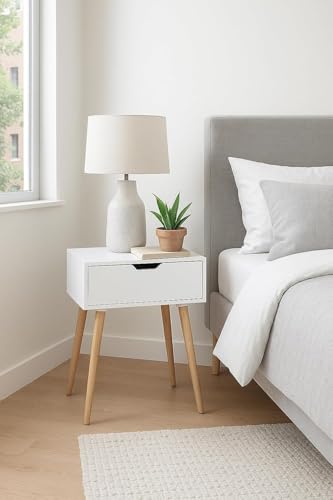 Image of Wooden Bedside Table or Nightstand with Solid Wood Legs for Bedroom | Classic Lamp Table, Sofa Side Table with 1 Storage Drawer for Living Room