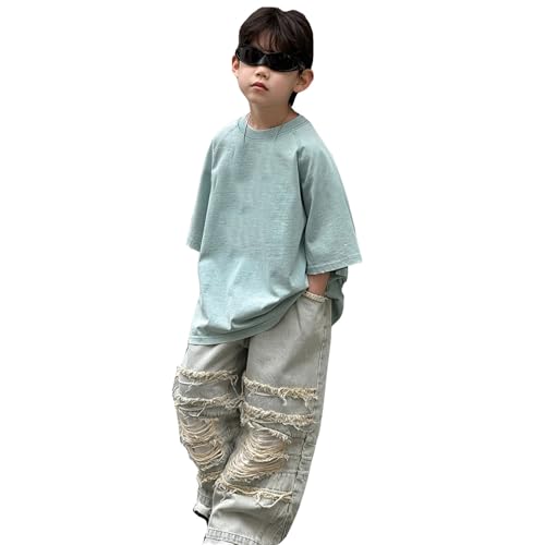 Boys Baggy Jeans Straight Leg Denim Pants with Pockets Elastic Waist Distressed Ripped Lightweight Outdoor
