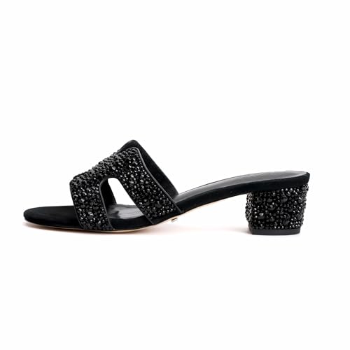 XOBZJH Evening Dress Shoes Rhinestone Black Block Heeled Sandals for Women 2025,Designer Luxury Crystals Slides H Sandals for Wedding Party Footwear2