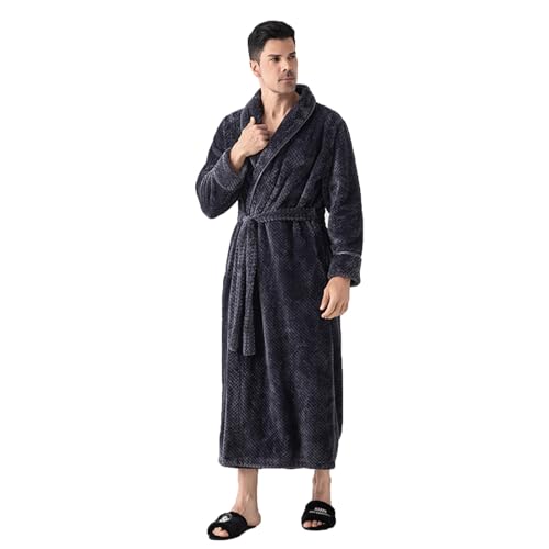 Men Long Sleeve Fleece Long Spa Bathrobes Winter Warm Lace Up Loungewear Sleepwear Solid Color Robes with Pockets