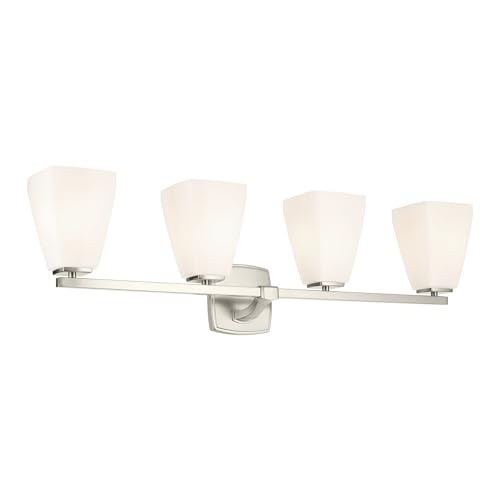 Image of Kichler Marant 33.25 inch 4-Light Bathroom Vanity Light Fixture with Opal Glass in Brushed Nickel for Modern Powder Room Over Mirror (33.25 in W x 9.5 in H), 55217NI