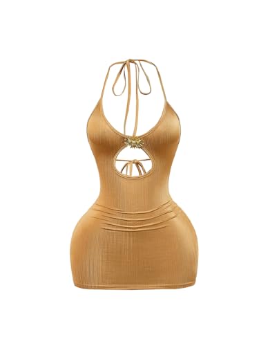 Milumia Women's Metallic Cut Out Halter Mini Dress Sleeveless Backless Party Bodycon Short Dresses Gold Medium