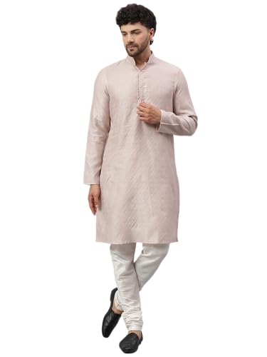 Image of LATEST CHIKAN Men's Cotton Silk Kurta Pajama Set with Mandarin Collar - Ethnic Wear for Weddings, Festivals & Functions