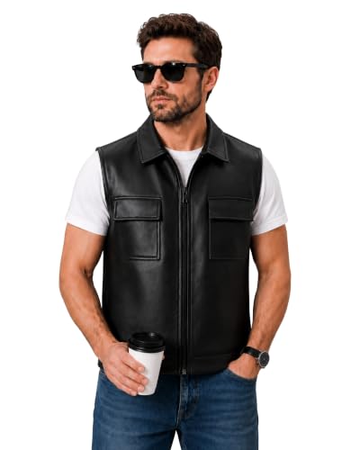 RAXEDO Men's Black Leather Sleeveless Gilet Jacket - Image 2