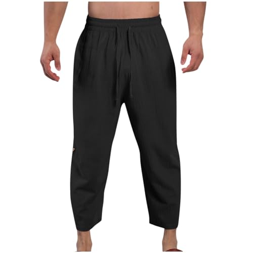 Pants for Men Cotton Linen Capri Pants Drawstring Elastic Waist Casual Lightweight Loose Summer Fall Beach Sport Pant