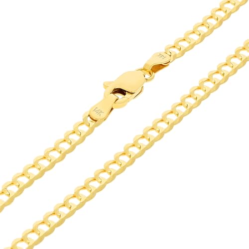 Nuragold 14k Real Yellow Gold Solid Cuban Curb Link 3mm Chain Necklace (16
