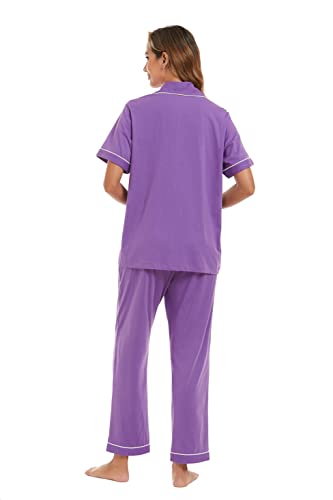 Image of COLORFULLEAF Women's 100% Cotton Pajamas Set Button Down Sleepwear Short Sleeve Shirt and Long Pants Soft Ladies Lounge Sets