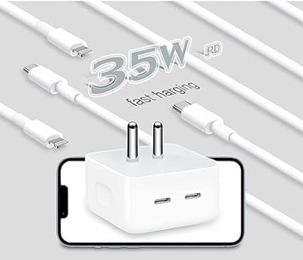 Image of Original 35W Dual PD 3.0 GaN USB-C Port Power Adapter Fast Wall Charger Replacement for 13 12 11 14 Pro Max Plus Mini, i-Pad, Air-Pods (Two Cables Included) Mobile Charger (DEC77)