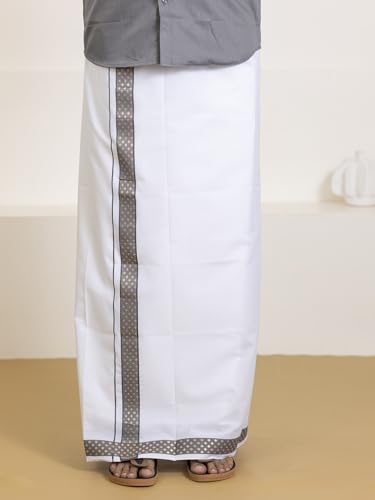 Image of RAMRAJ COTTON Men Premium Cotton Full Sleeves Shirt and Fancy Border Dhoti Set Luxe Set