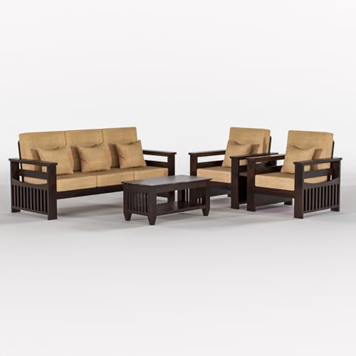 Image of Sheesham Wooden 5 Seater Sofa for Living Room | Rosewood 5 Seater Cushion Sofa Side Half Moon Rack | Solid Wood Sofa Set for Lounge (-3+1+1,Walnut)