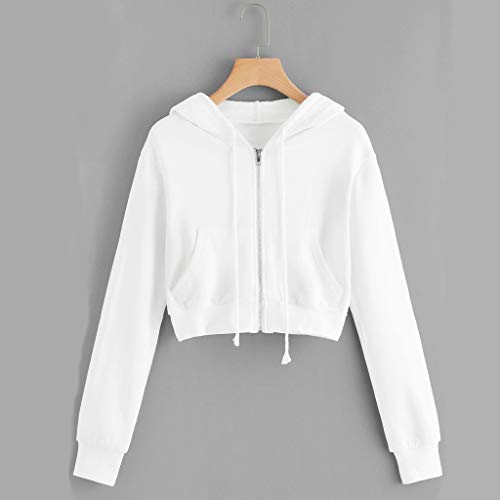 Hiriri Women's Full Zip Hooded Sweatshirt Solid Long Sleeve Zipper Pocket Shirt Hoodie Jacket Tops White #TOP1