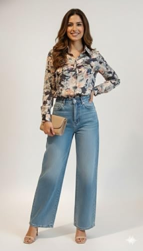 Image of Amazon Brand - INKAST Women Abstract Floral Printed Spread Collar Long Sleeves Casual Cami Shirt