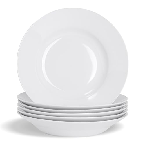 Argon Tableware 6X White Soup Bowls - 23cm (9) - Ceramic Dinner Plates Dish Set Cereal Soup Serving Noodle Bowl - Dishwasher and Microwave Safe