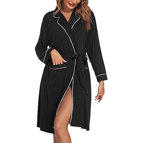 Ekouaer Women's Dressing Gown Sleep Shirt Kimono Nightdress Negligee Robe V-Neck Lightweight Pyjamas Bathrobes Sauna Gown with Pocket S-XXL, black, XL Cover