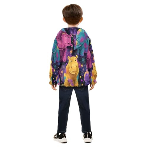 Colorful Hippo Pattern Artwork Toddler Fleece Jacket Girl Boys Hooded Fleece Jacket Coat Warm Outwear Zip-up 3-10T4