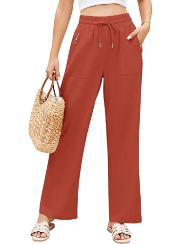 UMIPUBO Linen Trousers Women Wide Leg Trousers for Women Cotton with Pockets Straight Leg Pants Ladies Summer Pants Drawstring Long Tracksuit Bottoms Casual Work Travel (Brick Red, M)