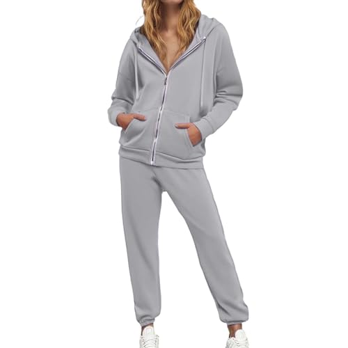 Donna Tuta Set Sportivo Felpa Cappuccio Casual Pantaloni Yoga Felpa Sportiva 2 Pezzi Tuta Manica Lunga Abbigliamento Casa Coulisse E Tasche Jogging Set per Running (Light Gray-2, XXXL)