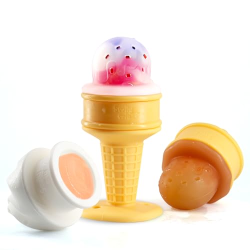 Image of Smily Mia Baby Fruit Food Feeder & Freezer Teether Combo, ICY Bite Ice Cream Teether for Baby Cooling Relief, BPA Free Silicone Feeder for Safe Infant Self Feeding, 3 Month+,Cream White