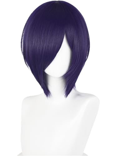 Half and Half Short Dark Purple Bob Anime Cosplay Wig with Bangs Purple Side Part Layered Ghoul Wigs for Halloween Party Costumes Women