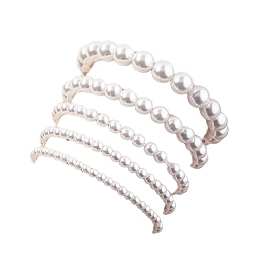 Colorful Bling 5-6Pcs Imitation Pearl Stretch Bracelet Set For Women Gold Beaded Flat Strand Stackable Crystal Rhinestone Layered Bracelet For Women Girls Jewelry-5Pcs All Pearl #TOP20