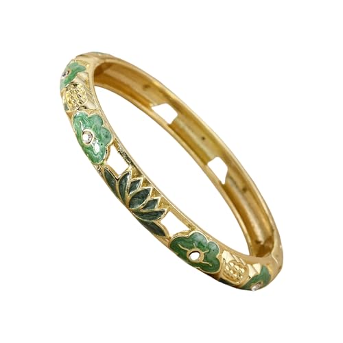 sunglnl Cloisonne Bracelet For Women, Lotus Diamond Enamel Cute Multi Tone Chunky Bangle Gold Plated Hollow Vintage Bracelets Stackable Wife Jewelry Friendship Gift (Green Lotus)