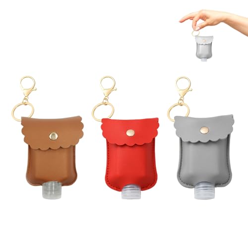 Pcmursal 3 botellas vacías desinfectantes de manos con soporte de viaje, lindo llavero desinfectante de manos portátil de piel sintética a prueba de fugas para viajes, champú, loción