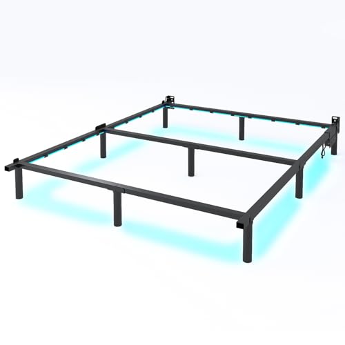 QEROMY King Bed Frame for Box Spring, 7 Inch Metal Bed Frame with LED Lights, 9-Legs Support Bed Base, Tool-Free Easy Assembly