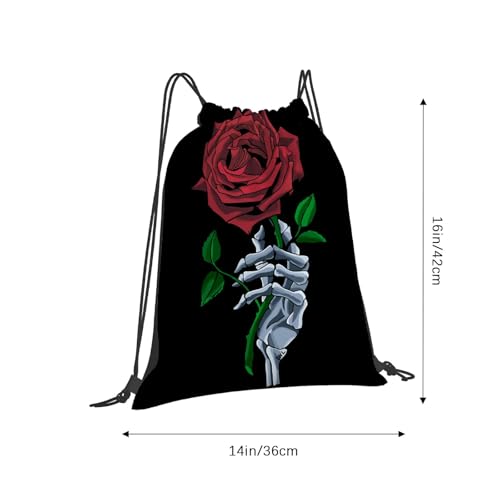 Skeletonn Handd Holdingg Stem Flowerr Graphicc Designn Redd Rosee String bag For Gym2