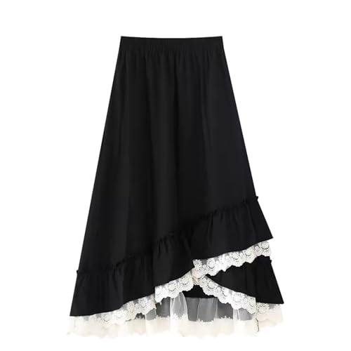 Women's Vintage Midi Skirts Lace Trim High Low Asymmetrical Ruffle High Waisted A-line Flowy Fairy Long Skirts