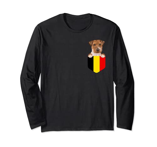 Belgium Flag Russell Terrier Dog In Pocket Long Sleeve T-Shirt, Black