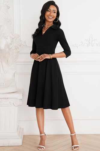 Image of Nmoder Casual Dresses for Women Semi Formal Fit and Flare 3 /4 Sleeve V Neck Cocktail Church Midi Dress with Pockets